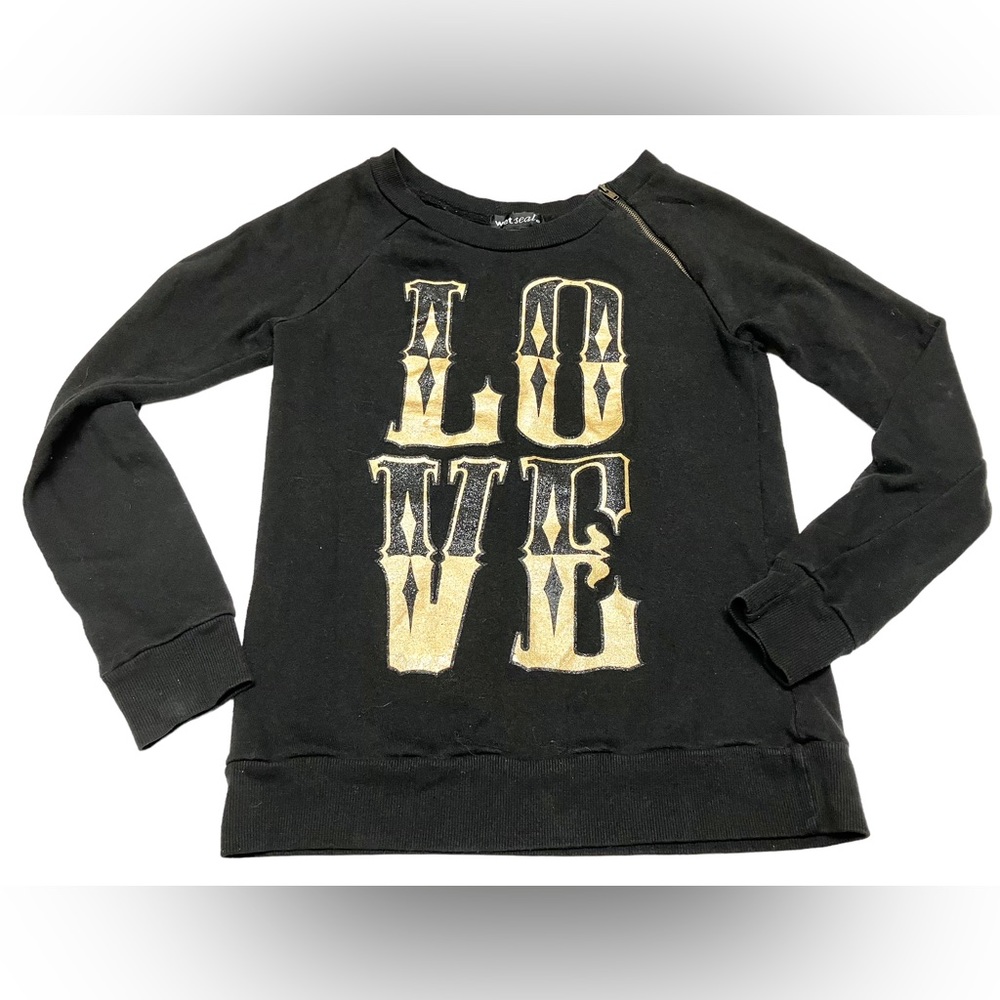 Wet Seal Juniors Womens Size Small Sweat Shirt Black LOVE Zipper on Shoulder